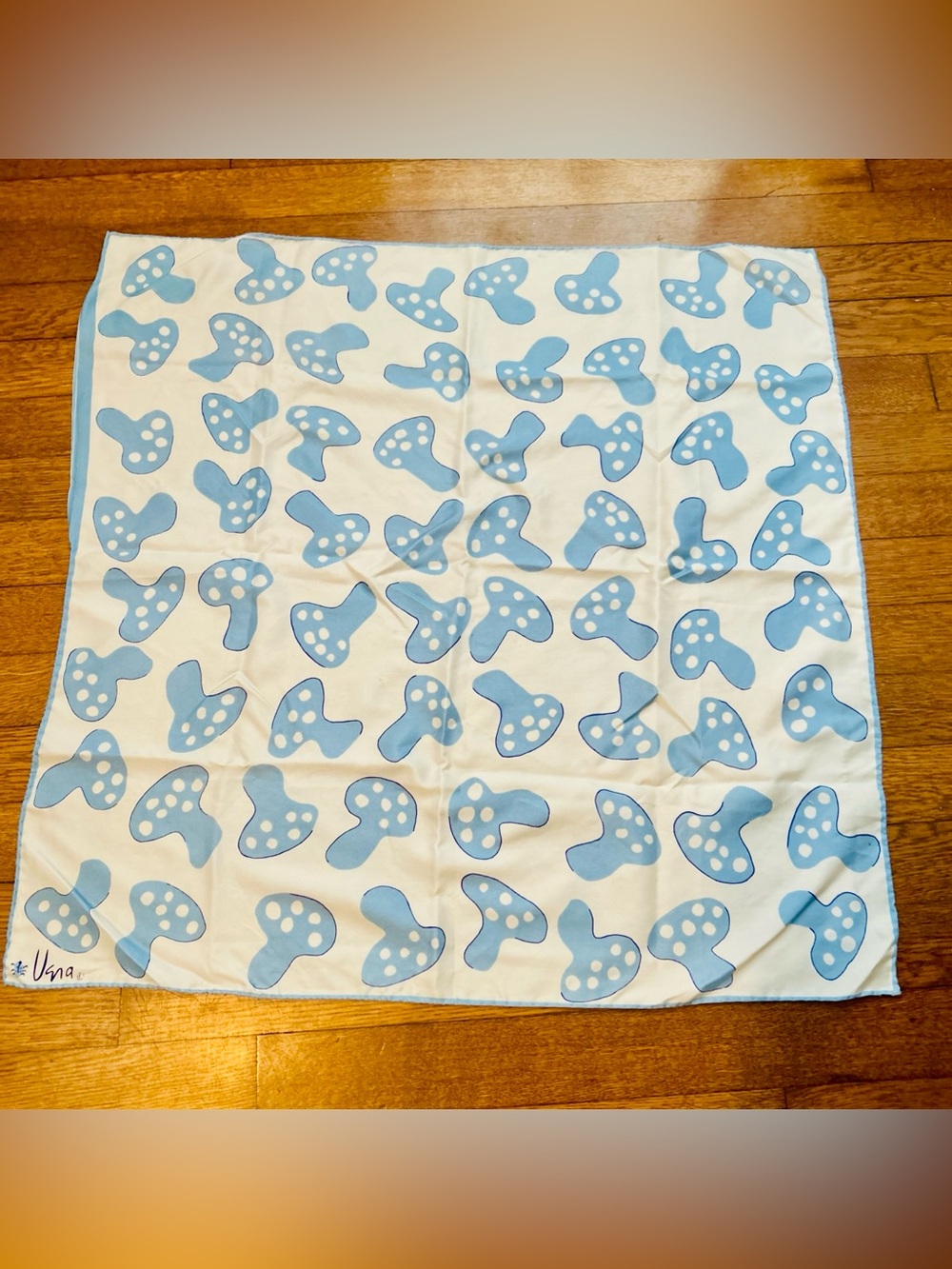 Vera Neumann Scarf Blue Mushrooms Polkadots Nylon Japan Rolled Edges